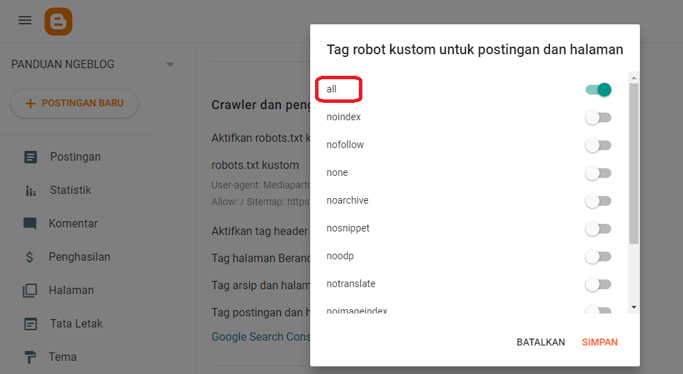 tag postingan dan halaman